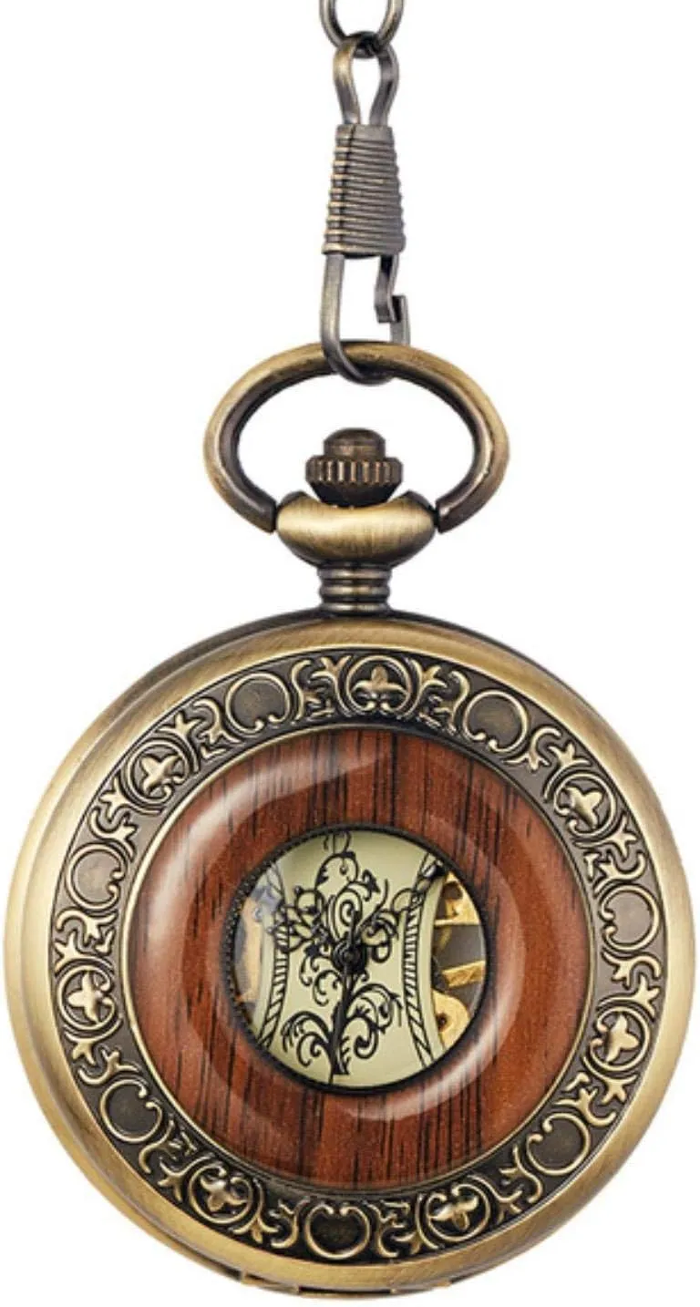 Watches Round 2(Pm004 Mechanical) Pocket Watches for germinate visually weird reconstitute Men$ Box Package Solid Wood Mechanical Pocket Watch Chain Locket Dial Hollow Steampunk Skeleton Mens Male Clock 
