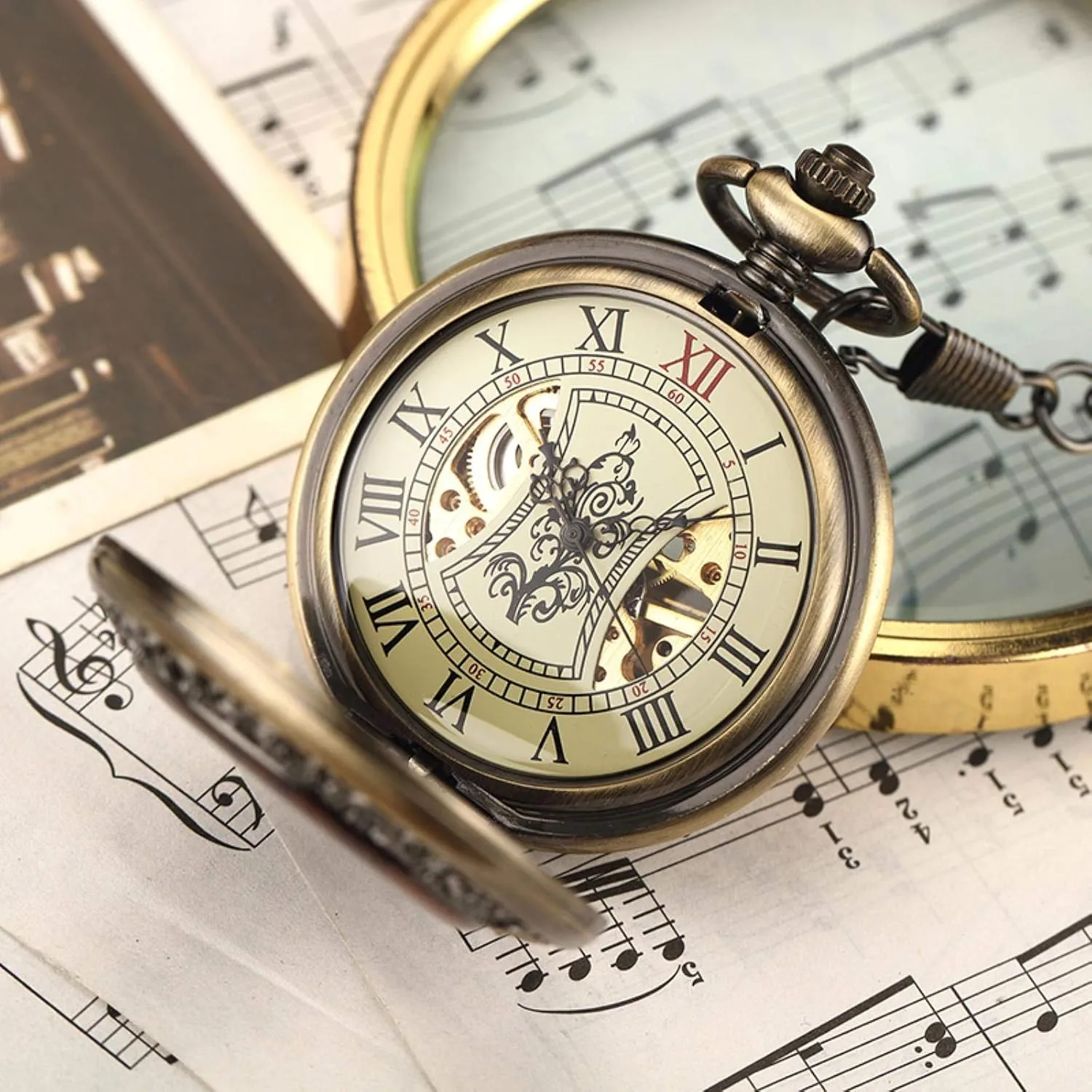 Watches Round 2(Pm004 Mechanical) Pocket Watches for germinate visually weird reconstitute Men$ Box Package Solid Wood Mechanical Pocket Watch Chain Locket Dial Hollow Steampunk Skeleton Mens Male Clock 