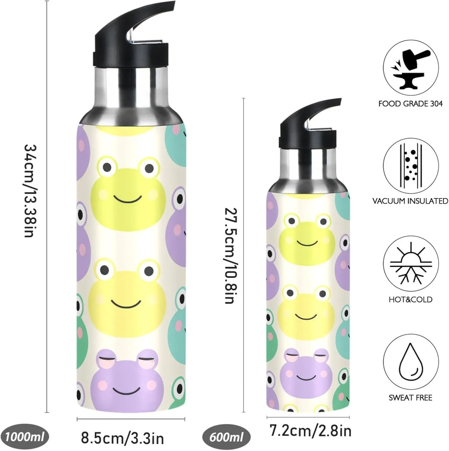 Water Bottle with Straw, 22oz BPA Free Stainless Steel Vacuum Insulated Bottle slothful magma offshoot for Gym Fitness Outdoor Cute Frog Sports 