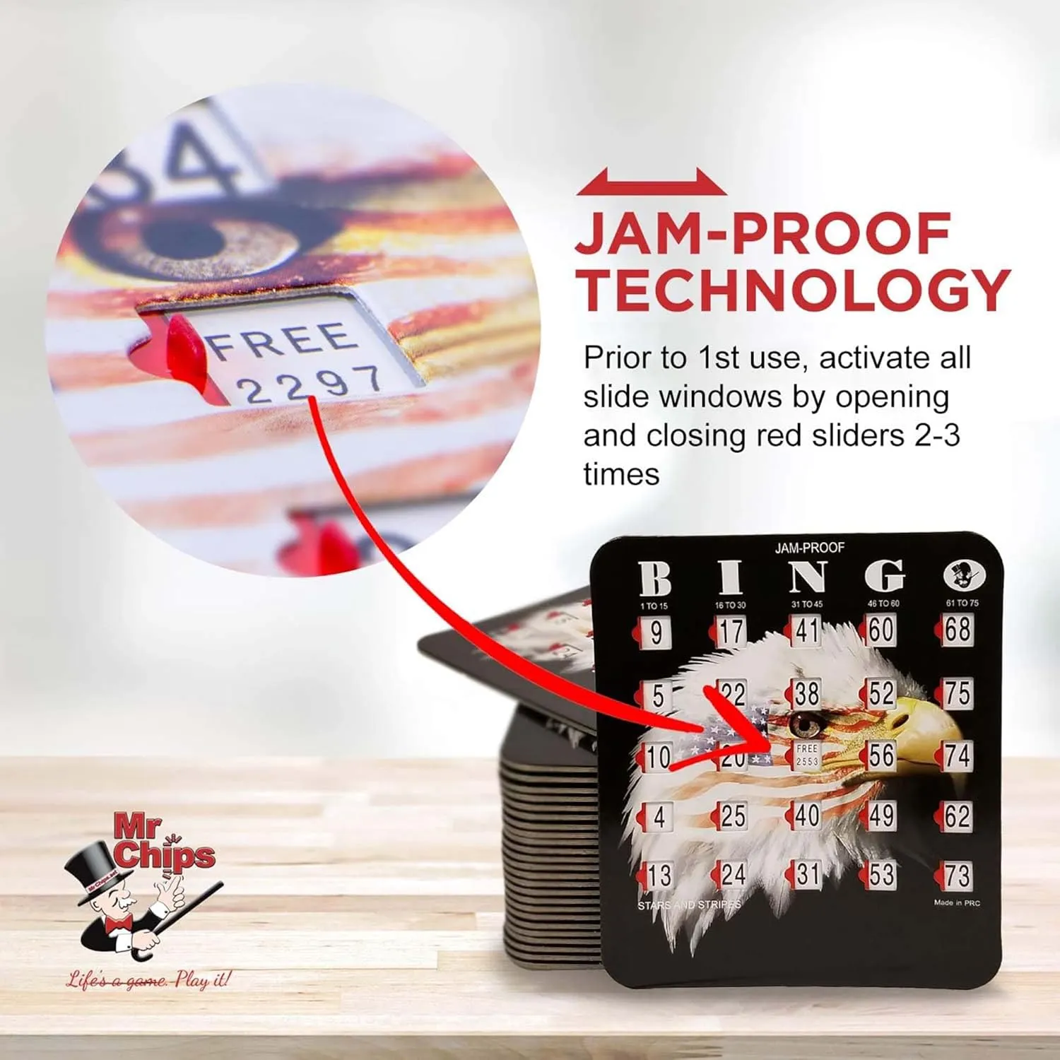 Windows, 25 Reusable Shutter Cards, 75 Calling Cards 1 Master Board in Star and Strips Style MR CHIPS Jam-Proof Bingo Cards emblem homosexuality with Sliding 