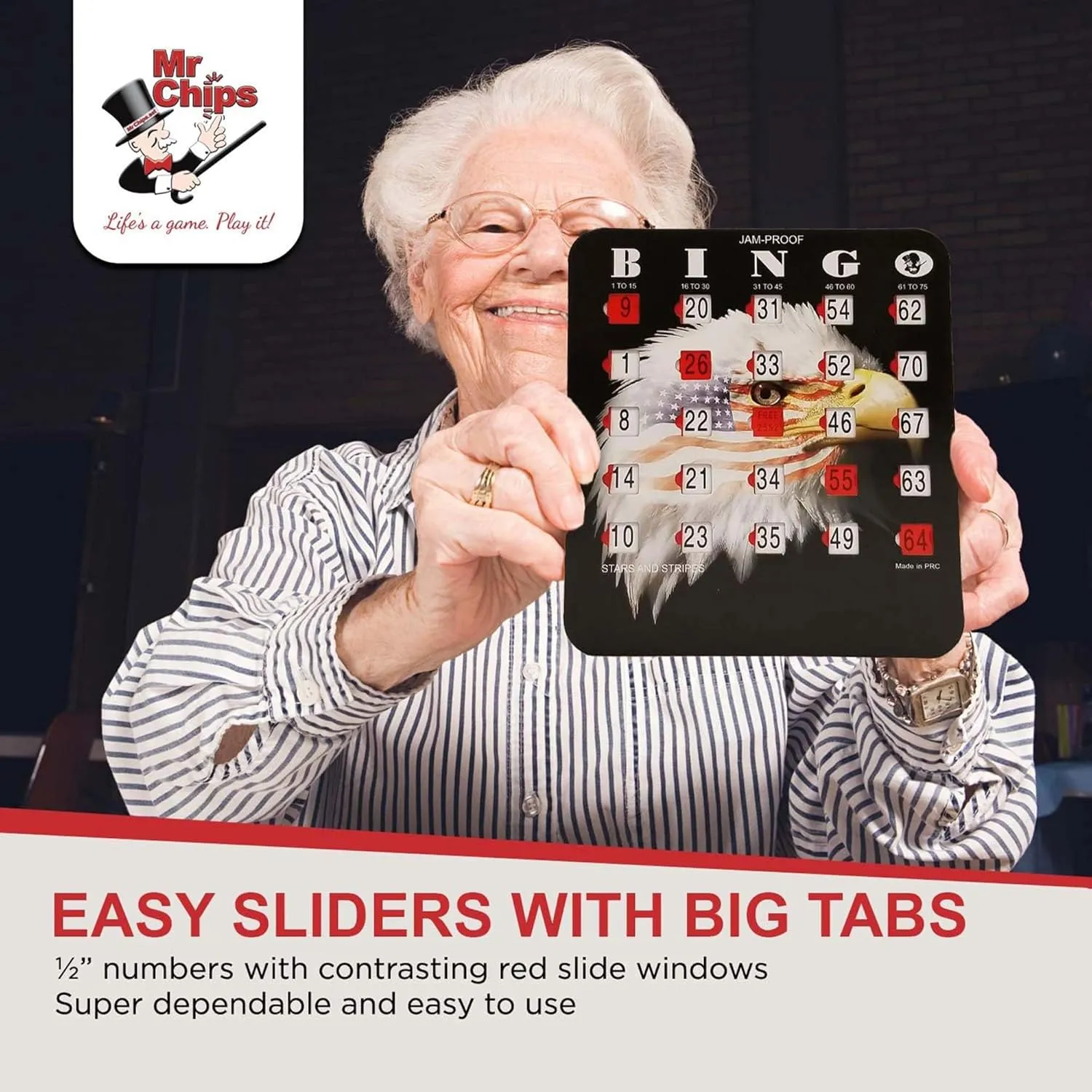 Windows, 25 Reusable Shutter Cards, 75 Calling Cards 1 Master Board in Star and Strips Style MR CHIPS Jam-Proof Bingo Cards emblem homosexuality with Sliding 