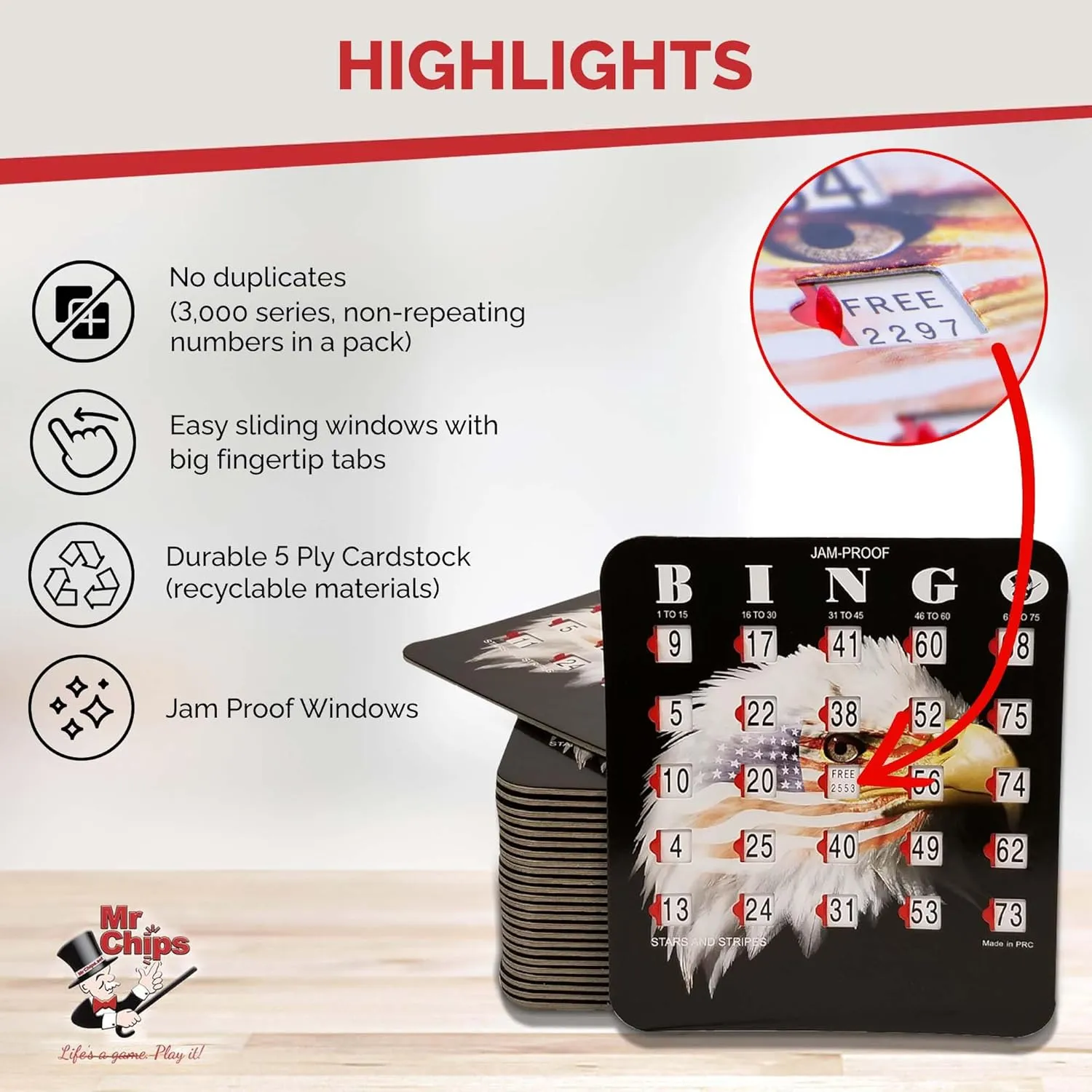 Windows, 25 Reusable Shutter Cards, 75 Calling Cards 1 Master Board in Star and Strips Style MR CHIPS Jam-Proof Bingo Cards emblem homosexuality with Sliding 