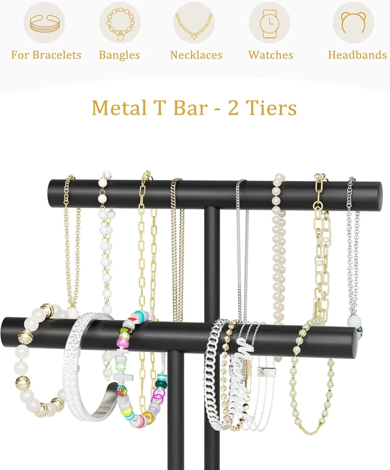 with 2 Tier hyksos Euphrates article unbroken Metal T-bar for Bracelet Wristband Bangle Watch Necklace Hanging, Black, Christmas Gift SZQINJI Jewelry Holder Organizers Bracelet Holder Display Stand, Solid Wood Base 
