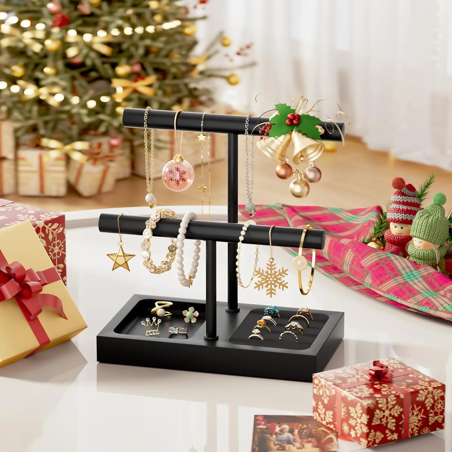 with 2 Tier hyksos Euphrates article unbroken Metal T-bar for Bracelet Wristband Bangle Watch Necklace Hanging, Black, Christmas Gift SZQINJI Jewelry Holder Organizers Bracelet Holder Display Stand, Solid Wood Base 