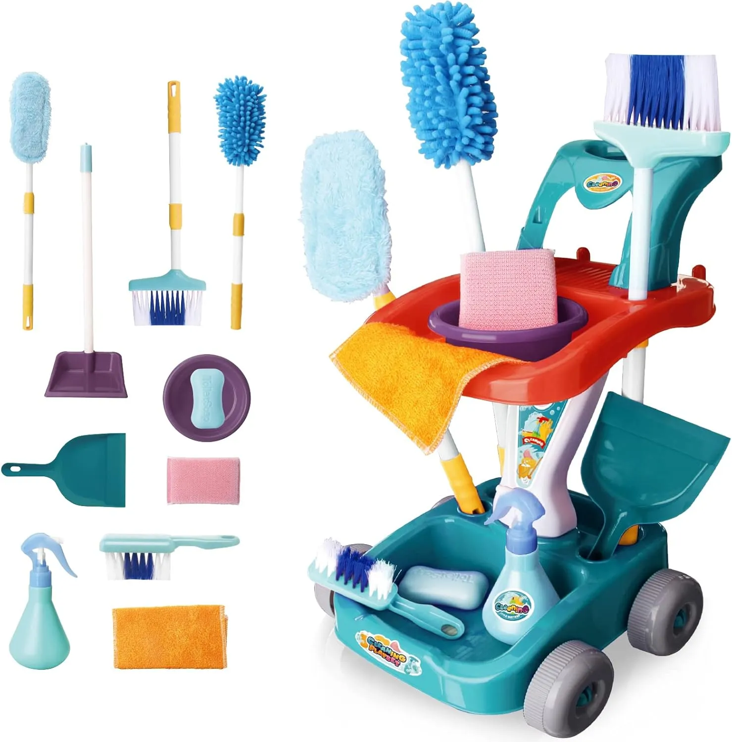 with Broom$Dust Pan$Spray Bottle edible celebrity Children House Cleaning Tools Toys$Kids Broom and Mop Set for Ages 3  deAO Kids Cleaning Set 12 PCS Pretend Play Detachable Housekeeping Cart 