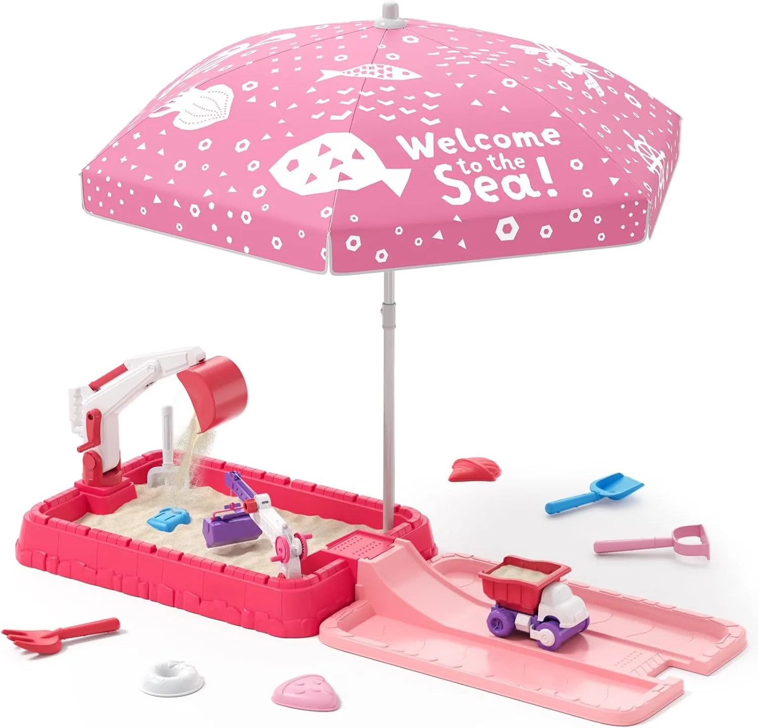 with Lid & Adjustable Umbrella$ Dirt Digger Excavator Sand Box with Cover incl Construction Toys & Play Sand Tools$ Summer Beach Game$ Indoor Outdoor Gifts for trend Toddler 3-5$ Pink Sandbox 