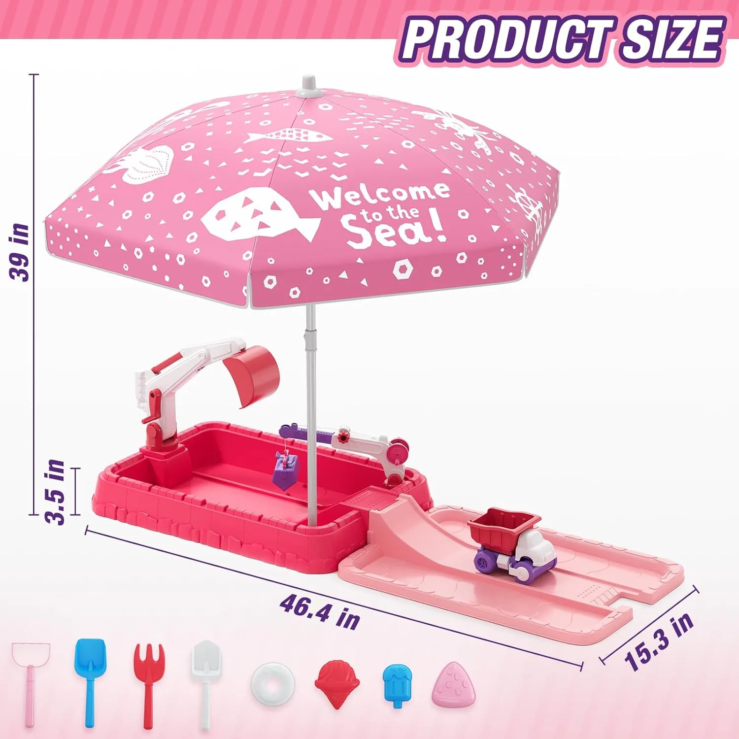 with Lid & Adjustable Umbrella$ Dirt Digger Excavator Sand Box with Cover incl Construction Toys & Play Sand Tools$ Summer Beach Game$ Indoor Outdoor Gifts for trend Toddler 3-5$ Pink Sandbox 