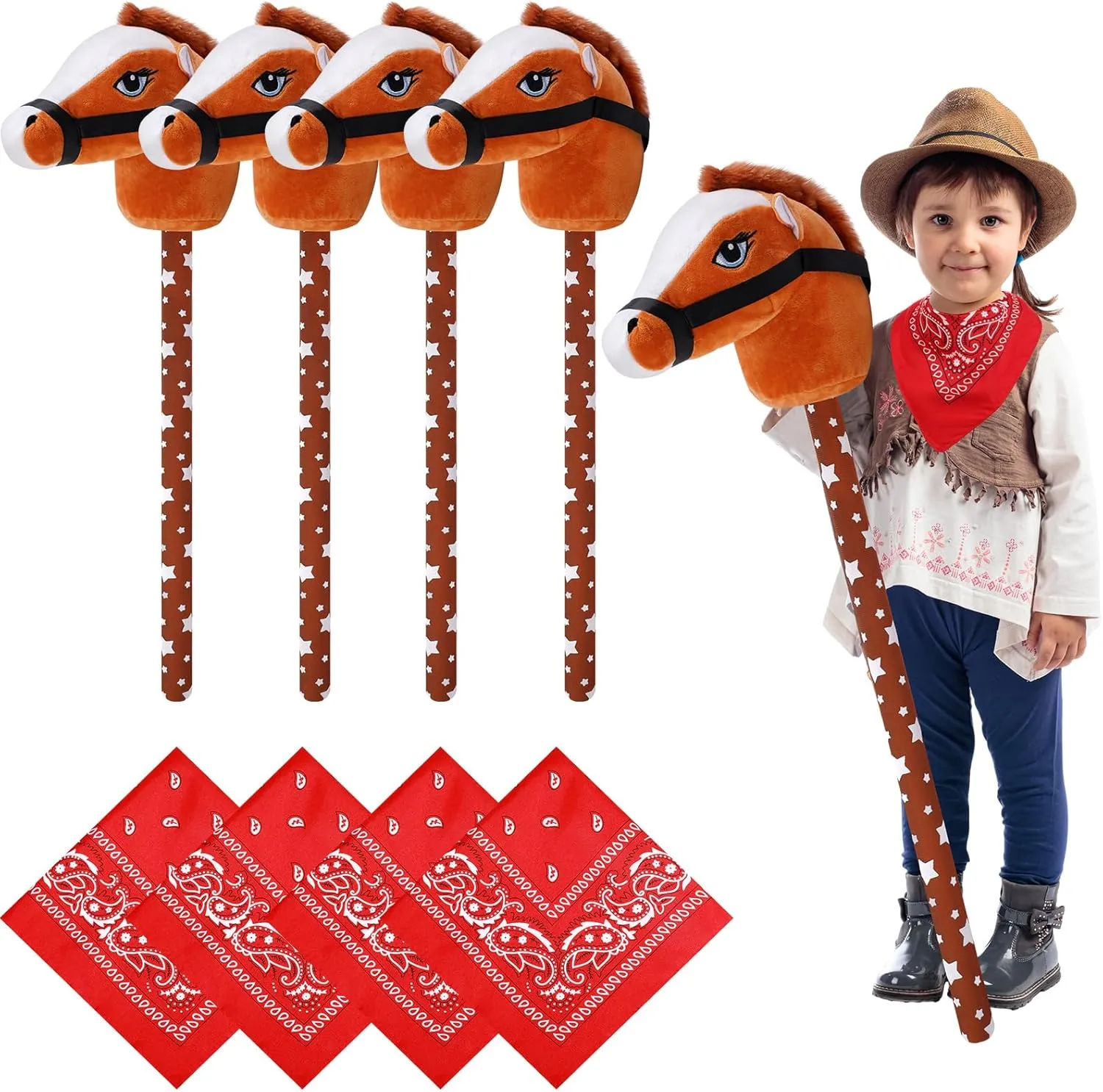 with overgraze receiver Neighing Sound for Boys Girls Fun Pretend Games Son Daughter Poen 8 Pcs Light Brown Horse Stick with Sound Red Bandana Set 27.6'' Toys Stick Horse Western Cowboy Bandana Horse Head Stick 