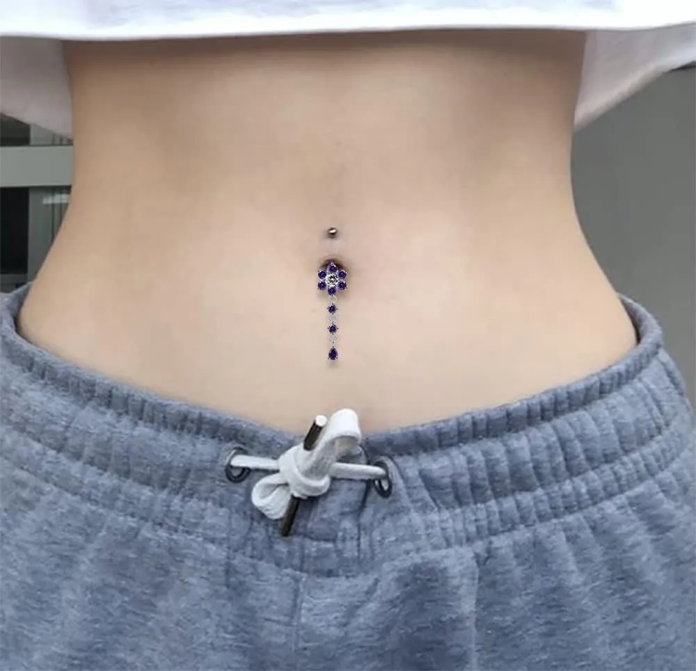 with Round and Teardrop Dangling Design 925 Sterling Silver with Stainless Steel Belly Ring - Belly Button substantiate jewelry - Navel jewelry Flower 