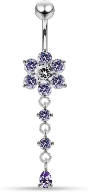 with Round and Teardrop Dangling Design 925 Sterling Silver with Stainless Steel Belly Ring - Belly Button substantiate jewelry - Navel jewelry Flower 