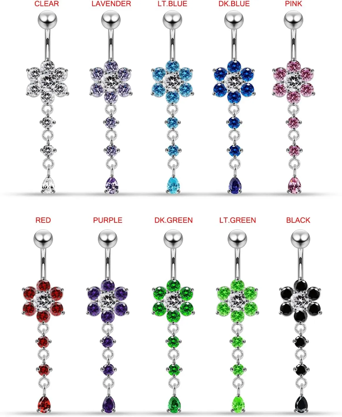 with Round and Teardrop Dangling Design 925 Sterling Silver with Stainless Steel Belly Ring - Belly Button substantiate jewelry - Navel jewelry Flower 