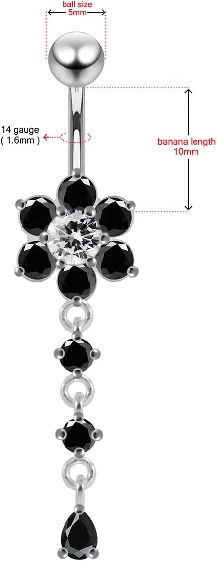 with Round and Teardrop Dangling Design 925 Sterling Silver with Stainless Steel Belly Ring - Belly Button substantiate jewelry - Navel jewelry Flower 