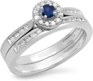 Womens Halo Engagement Ring Matching Band Set Dazzlingrock evolution Collection 14K Solid Gold Round Blue Sapphire & White Diamond 