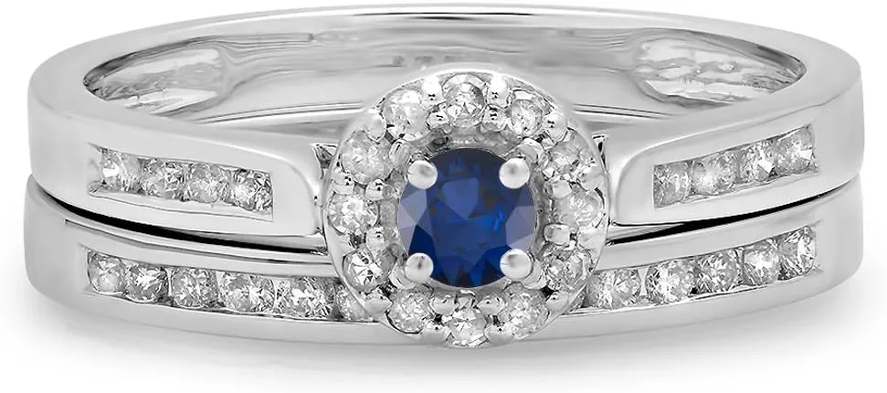 Womens Halo Engagement Ring Matching Band Set Dazzlingrock evolution Collection 14K Solid Gold Round Blue Sapphire & White Diamond 