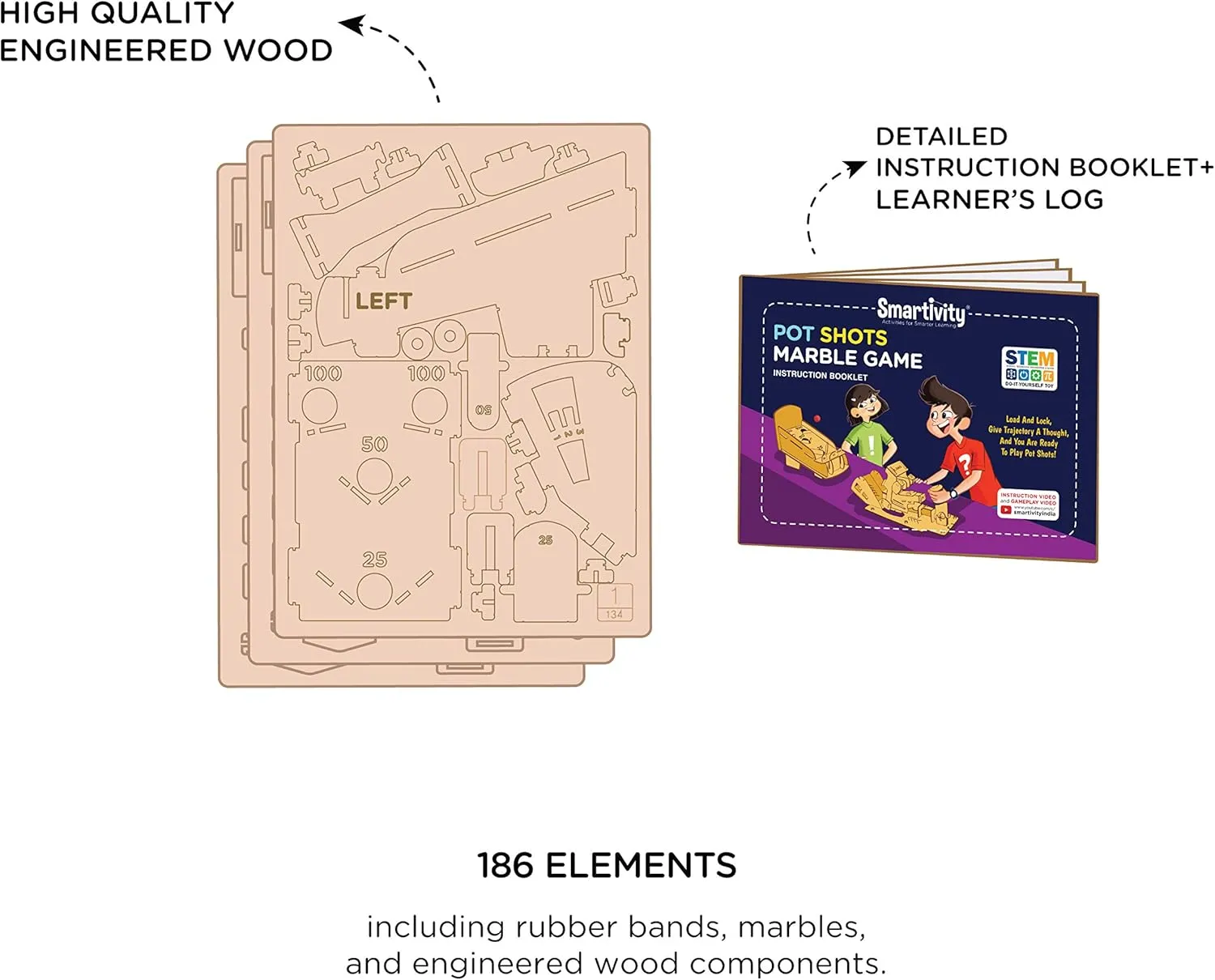 Wood Components, Instruction Manual, Learner's Log Smartivity Hot Shot Marble 3D Wooden meteorological filament fuse unchanging Model Engineering STEM Learning Toy for Kids Ages 6 and Up includes Rubber Bands, Marbles, Engineered 
