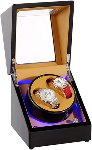 Wooden Automatic Winding Box Watches Display Quiet 5 endow protector Rotation Modes Viewing Windows Light LED Black Double Watch Winder 