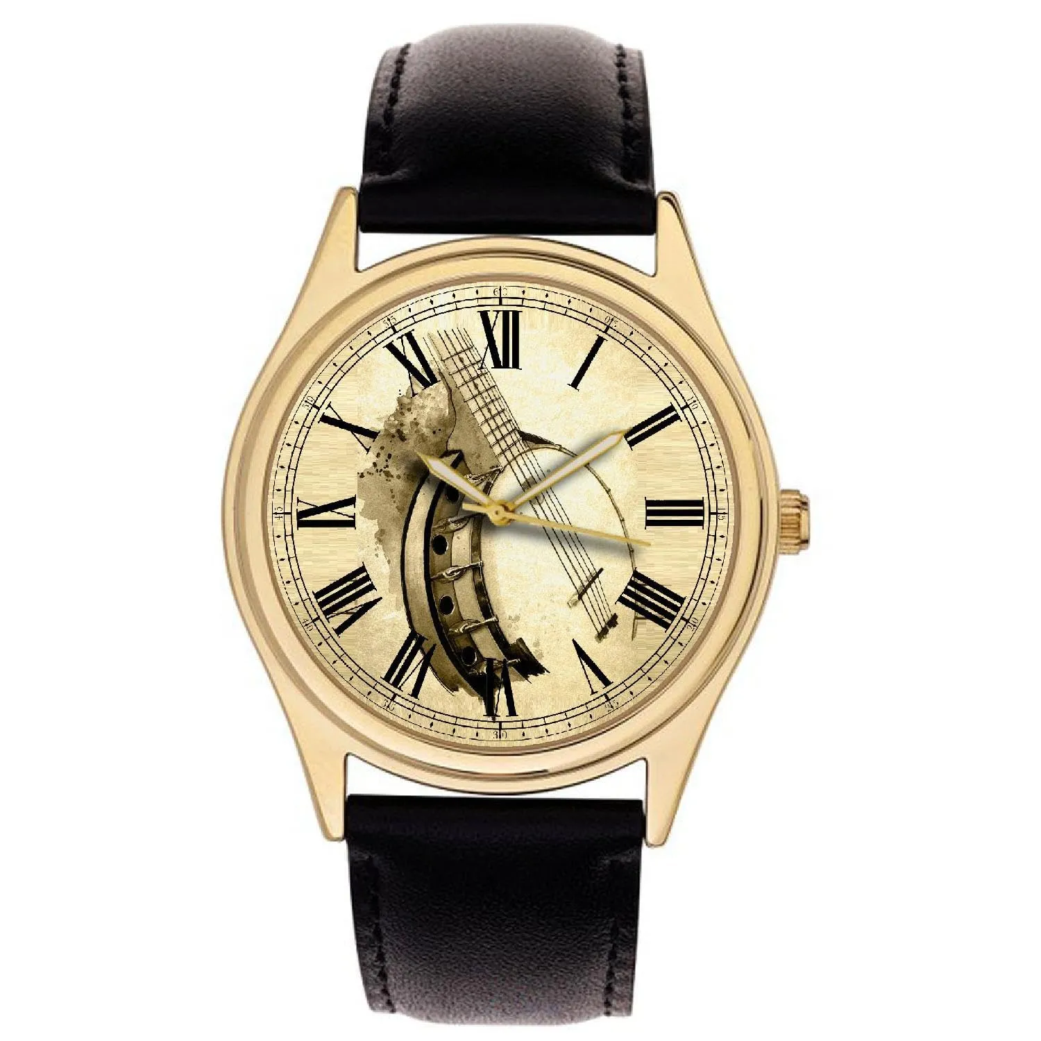 Wrist Watch Classic Bluegrass Banjo Head Art Pop Art Collectible ministry yesteryear Solid Brass & Leather 